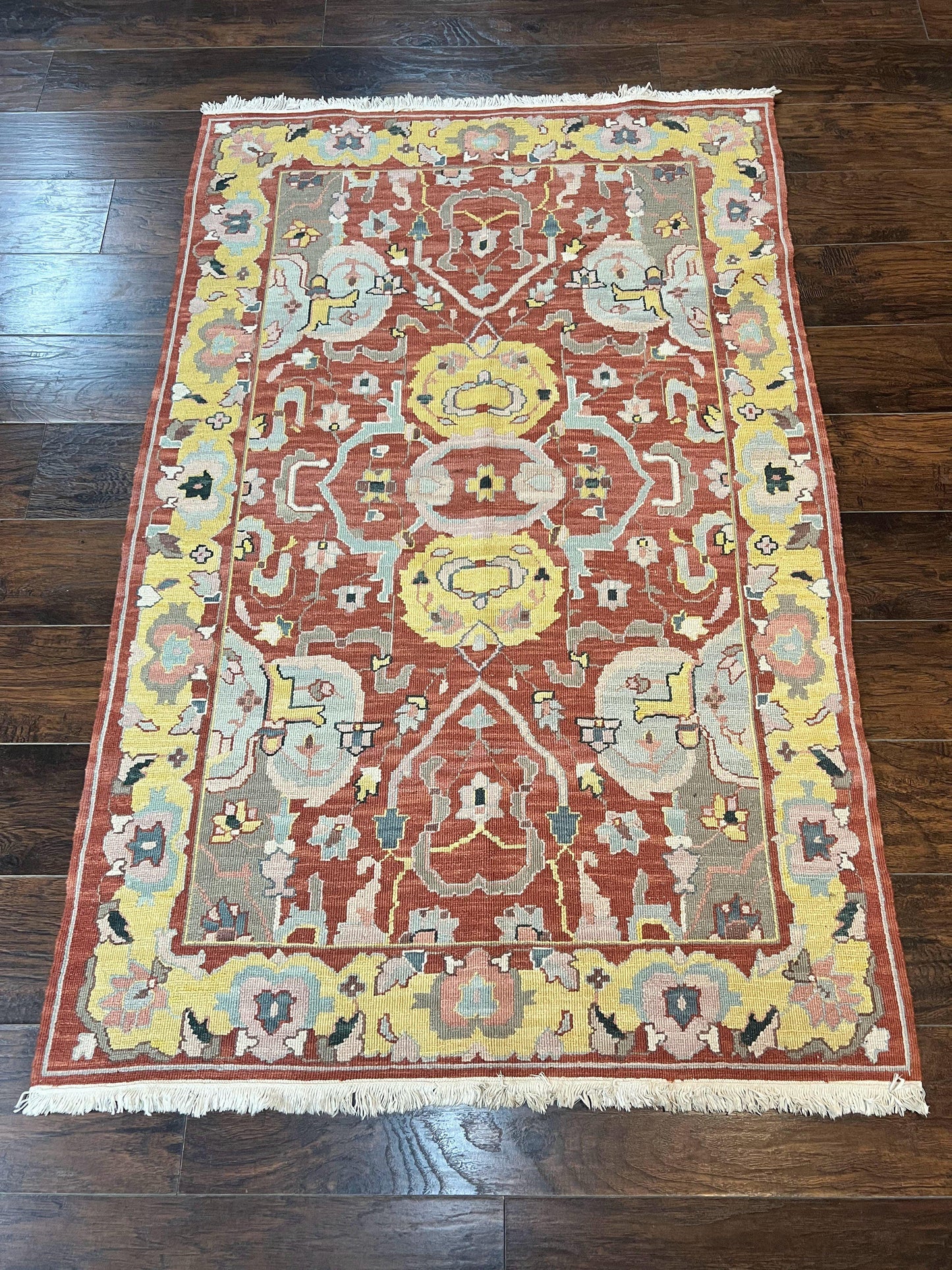 Turkish Flatweave Kilim Rug 4x6, Geometric Wool Handmade Carpet, Vintage