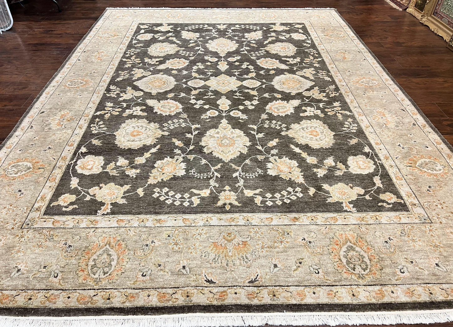 Indo Persian Rug 9x12, Sultanabad Indian Carpet, Dark Brown, Hand Knotted Vintage Wool Rug