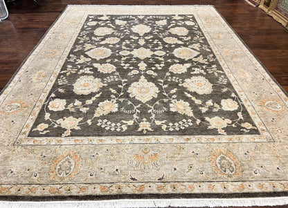 Indo Persian Rug 9x12, Sultanabad Indian Carpet, Dark Brown, Hand Knotted Vintage Wool Rug