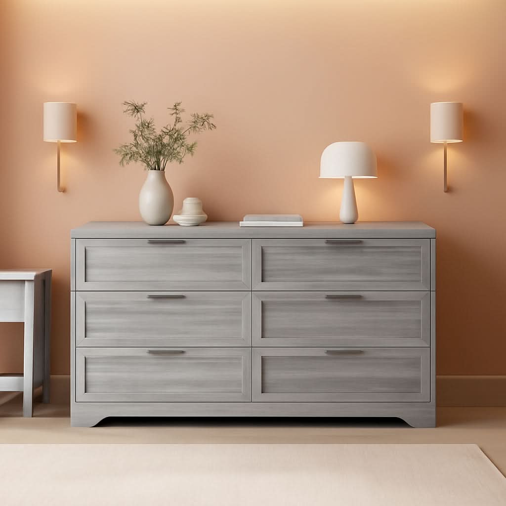 Wash Grey Six Drawer Contemporary Hardwood Dresser