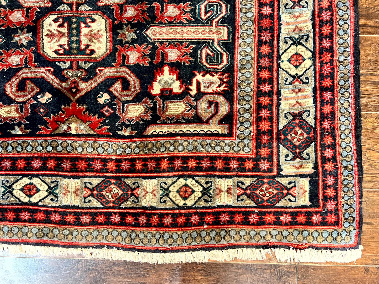 Persian Wide Runner Rug 4.8 x 10, Persian Kalegi Ardabil Rug, Perpedil Caucasian Rug, Antique Handmade Wool Carpet, Navy Blue Red, Tribal Rug