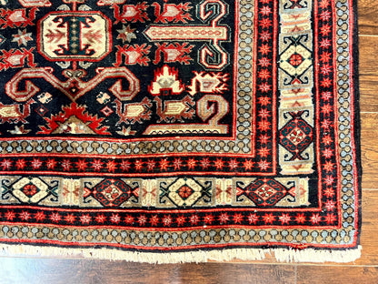 Persian Wide Runner Rug 4.8 x 10, Persian Kalegi Ardabil Rug, Perpedil Caucasian Rug, Antique Handmade Wool Carpet, Navy Blue Red, Tribal Rug