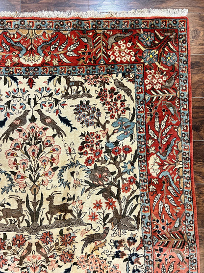 Persian Tree of Life 5x7, Qum Rug, Animal Motifs, Deer Birds, Fine 225 KPSI, Semi Antique Wool Rug, Cream Red