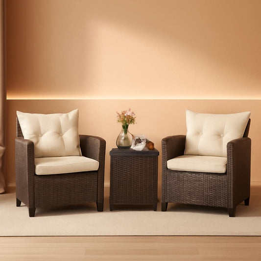 3 Piece Patio Furniture Set White PE Rattan Wicker Outdoor Sofa Set With Washable Cushions And Tempered Glass Tabletop