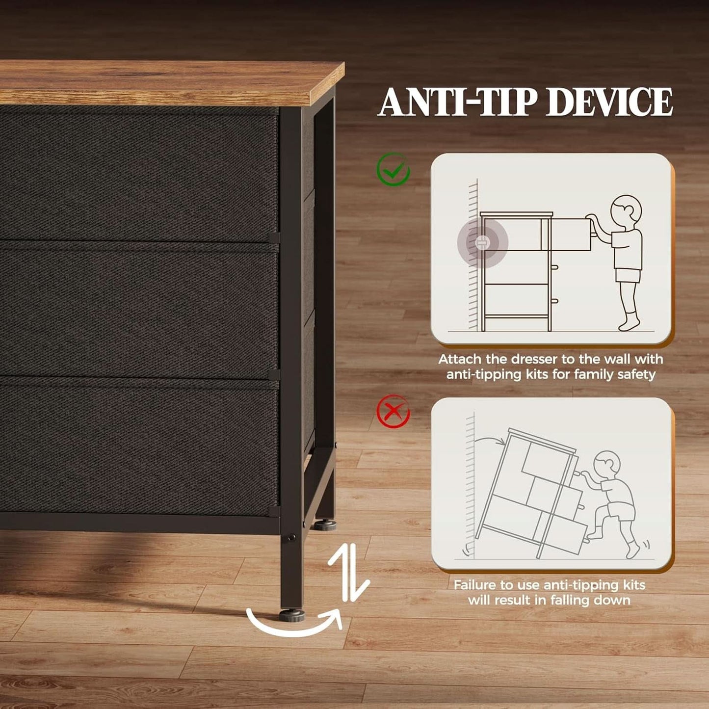 63 Inch Dresser With Durable Fabric Drawers In Rustic Brown
