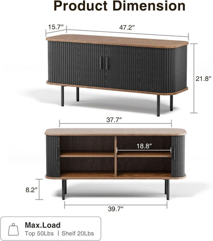 47 Inch Black TV Stand With Sliding Doors And Storage