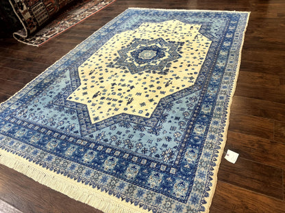 Moroccan Rug 7x10, Geometric Medallion, Blue and Ivory
