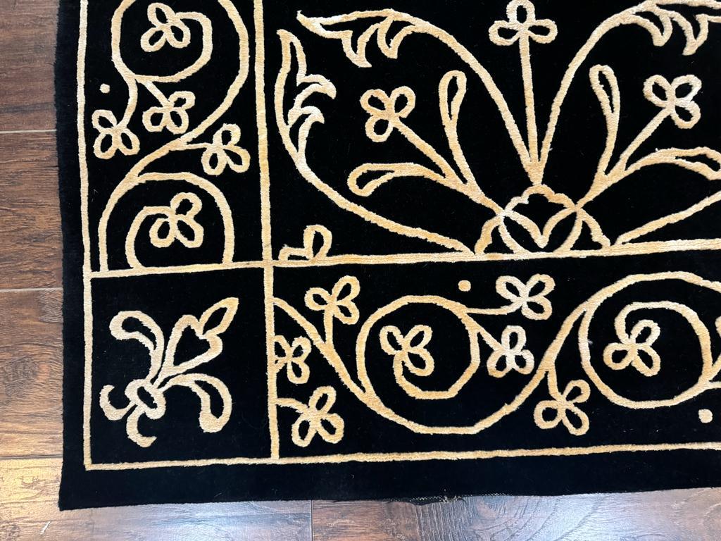 Tibetan Rug 8x10, Wool and Silk, Raised Pattern, Black and Gold, Floral