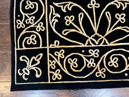 Tibetan Rug 8x10, Wool and Silk, Raised Pattern, Black and Gold, Floral