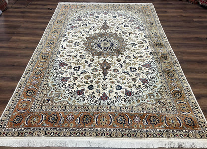 Wonderful Persian Tabriz Rug 7x10, Floral Medallion, Very Fine Oriental Carpet, Ivory