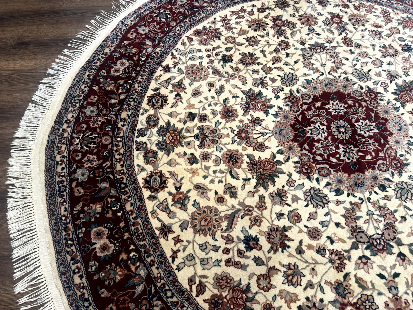 Round Sino Persian Rug 8x8, Wool and Silk, Floral Medallion, Ivory Dark Red
