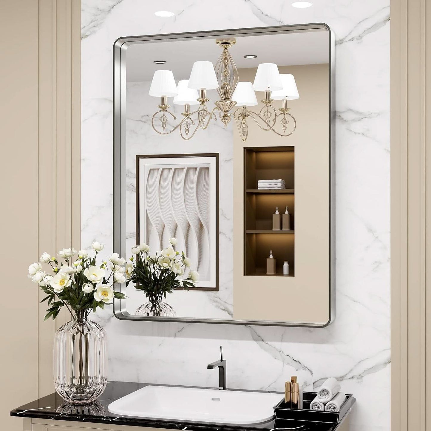 24 By 30 Inch Brushed Nickel Wall Mounted Bathroom Mirror Hangs Horizontally Or Vertically