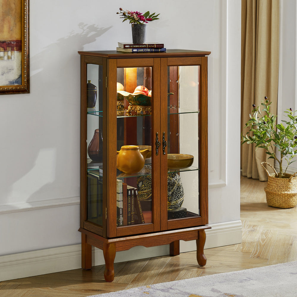 Lighted Curio Display Cabinet with Mirrored Back, Tempered Glass Doors & Adjustable Shelves | 3-Tier Corner Showcase — Oak