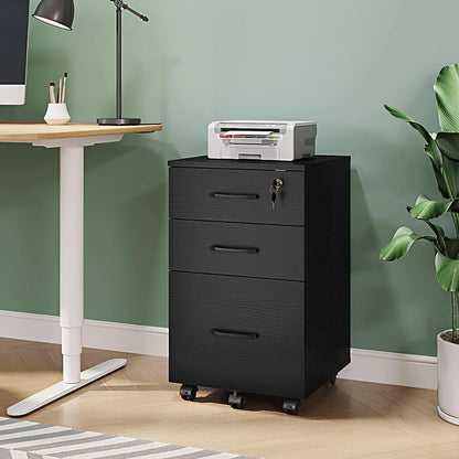 3 Drawer Wood Mobile File Cabinet With Wheels Black Under Desk Office Storage For Home Office Use