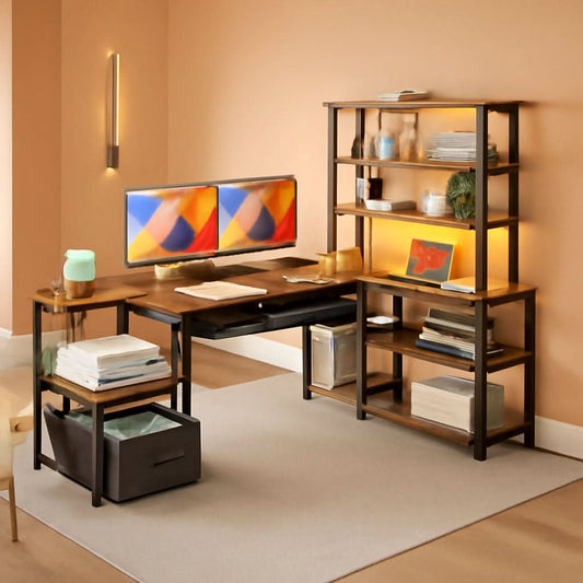 79 Inch L Shaped Desk With Power Outlets And LED Lights