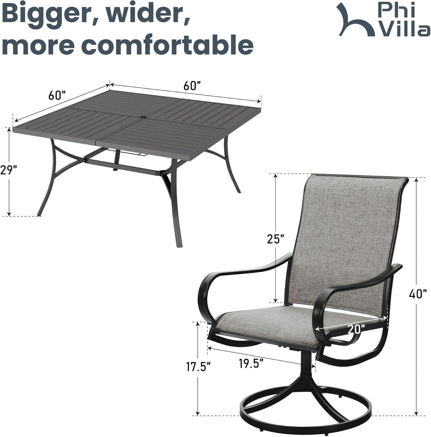 9 Piece Patio Dining Set With Large Square Metal Table And 8 Swivel Chairs
