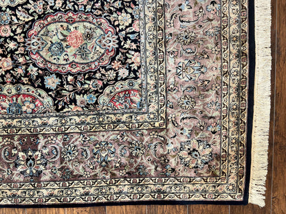 Sino Persian Rug 9x12, Navy Blue and Pink Hand Knotted Wool and Silk Highlights Vintage Oriental Carpet, Handmade Floral Area Rug 9 x 12 ft