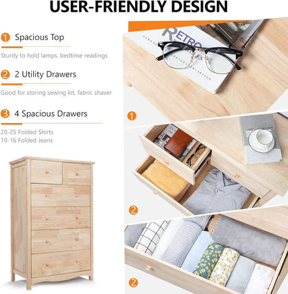 Unfinished Rubber Wood Six Drawer Dresser For DIY Finish