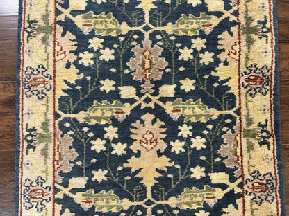 Indian Runner Rug 2.6 x 12, Navy Blue Beige Oriental Runner Rug 12ft Long, Narrow Hallway Runner, Wool Hand Knotted Indo Persian Mahal Rug