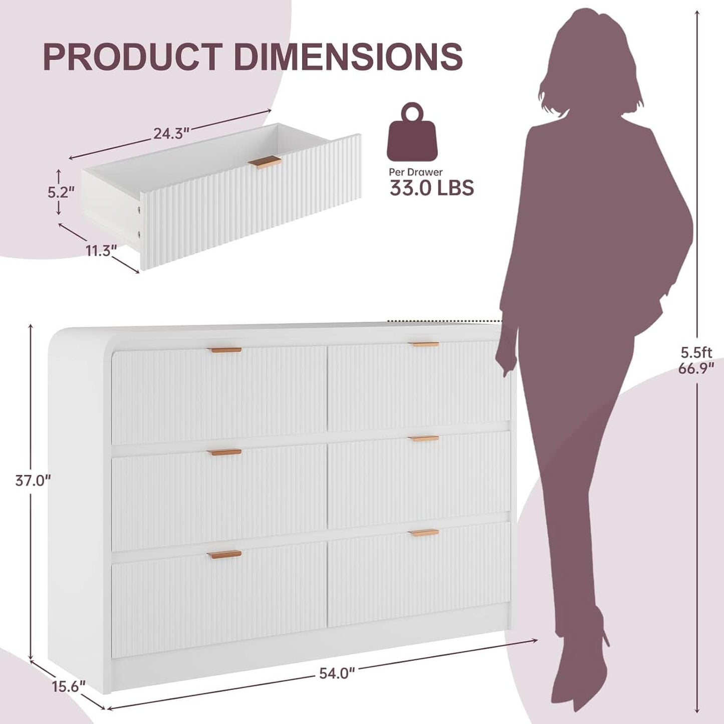 Fluted 6 Drawer Dresser 54 Inch White Solid Wood Storage