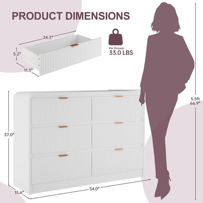 Fluted 6 Drawer Dresser 54 Inch White Solid Wood Storage