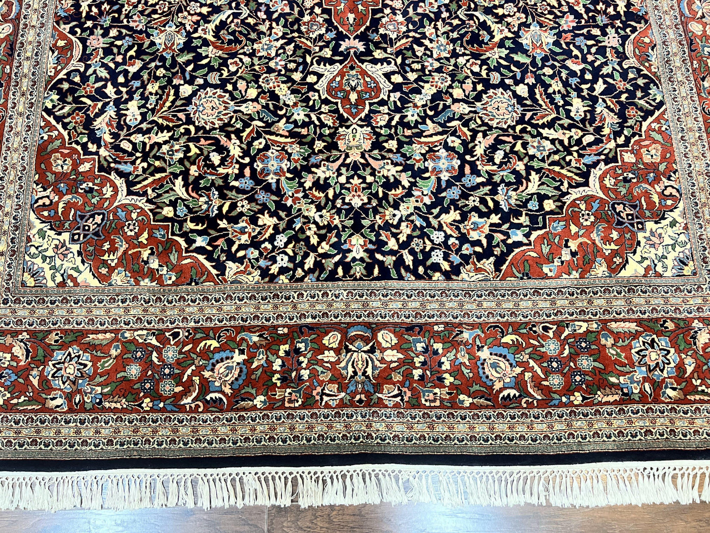 Indo Persian Rug 8x10, Floral Medallion, Vintage Handmade Wool Carpet, Navy Blue and Red, Fine 300 KPSI