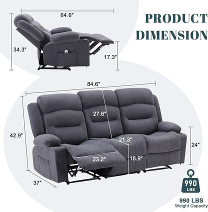 Oversized Charcoal Grey Recliner Sofa With USB Port And Heated Massage