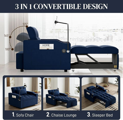 Blue Velvet SpaceSaving Convertible Sofa Chair USB