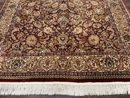 Tree of Life Indian Kashmiri Rug 6x9, Rust Red and Cream, Animal Pictorials, Fine 290 KPSI