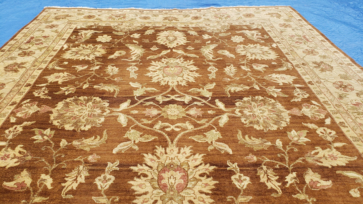 Indo Persian Rug 10x14, Mahal Sultanabad Oriental Carpet, Burnt Orange & Beige, Handmade Wool Area Rug