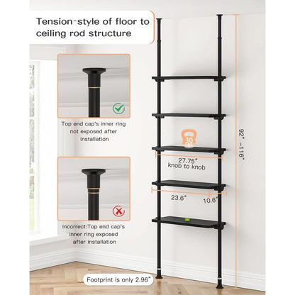 5 Tier Narrow Ladder Bookshelf With Floor To Ceiling Mount