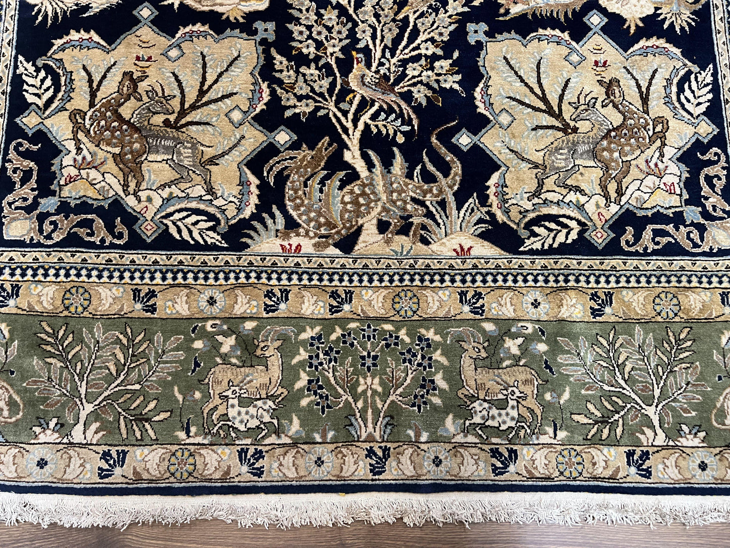 Wonderful Persian Qum Rug 6x9, Animal Pictorials, Tree of Life, Deer Birds, Hand Knotted Oriental Ghom Carpet, Semi Antique Vintage, Navy Blue Green