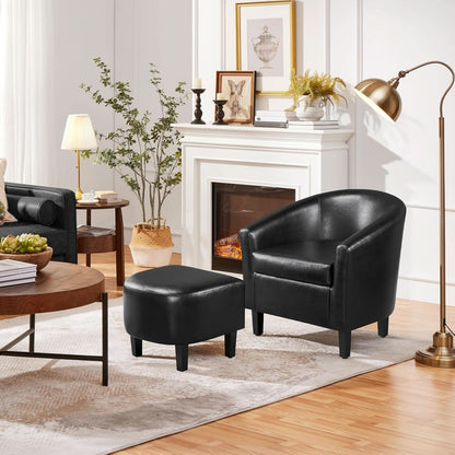 Modern Black Faux Leather Accent Chair With Ottoman Set