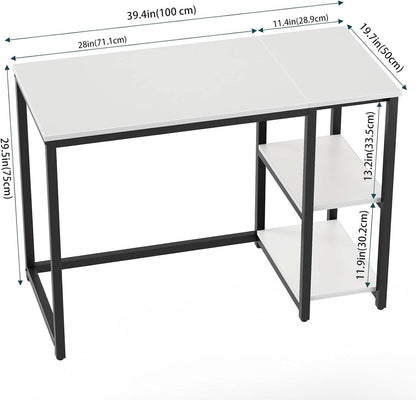 40 Inch White Computer Desk With 2 Tier Shelves Home Office