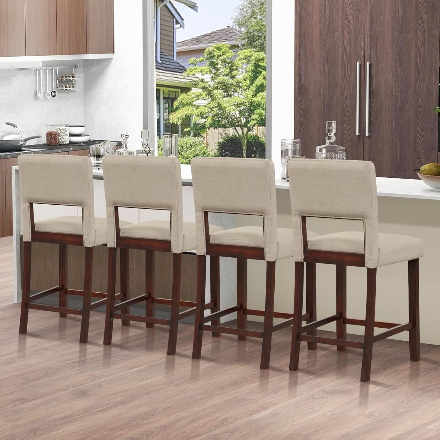 24.5 Inch Counter Height Bar Stools Set Of 4 With Back Upholstered Beige Linen For Kitchen Island