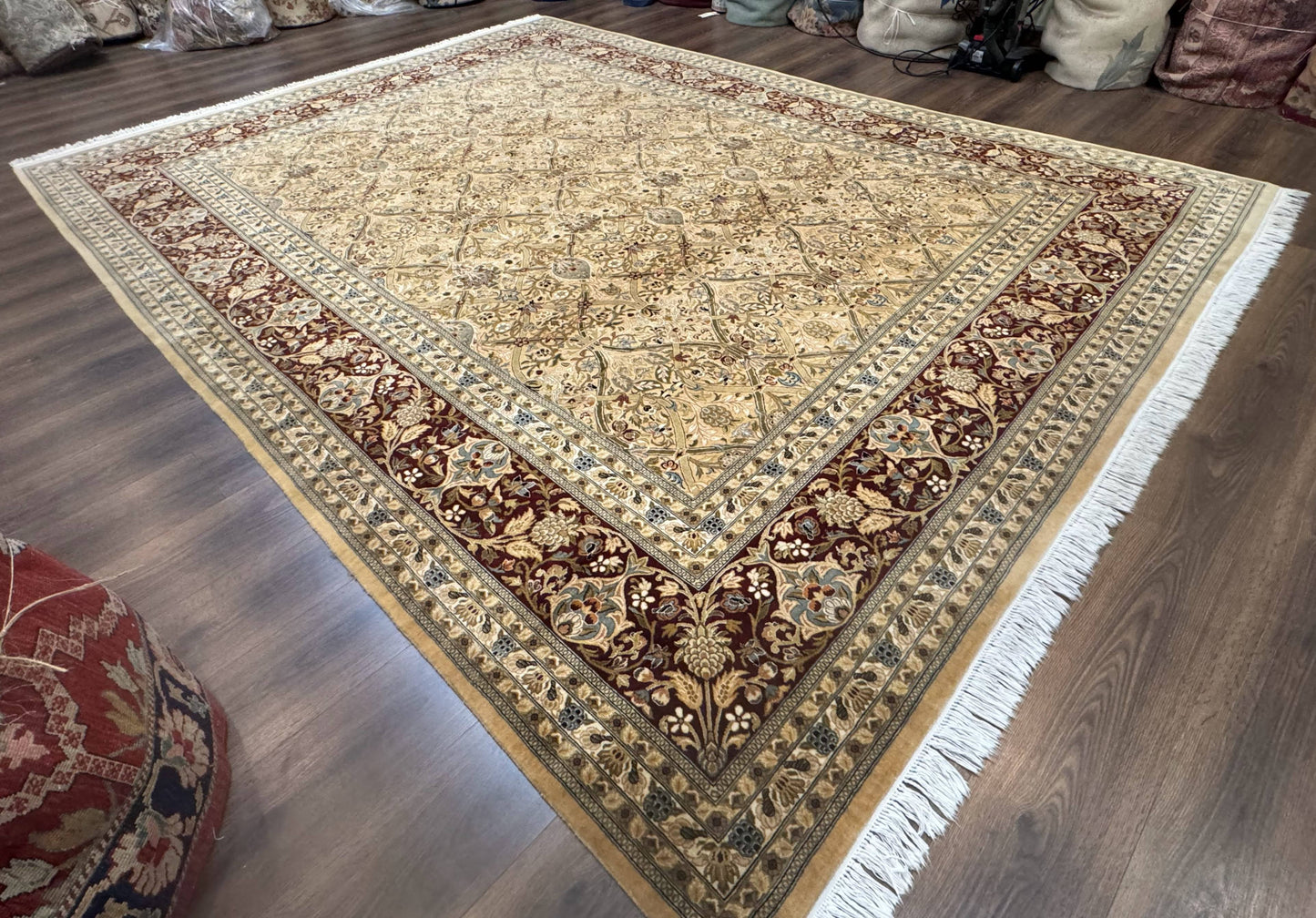 Fine Pak Persian Rug 9x12, Gold and Wine Red, Panel Design, 330 KPSI
