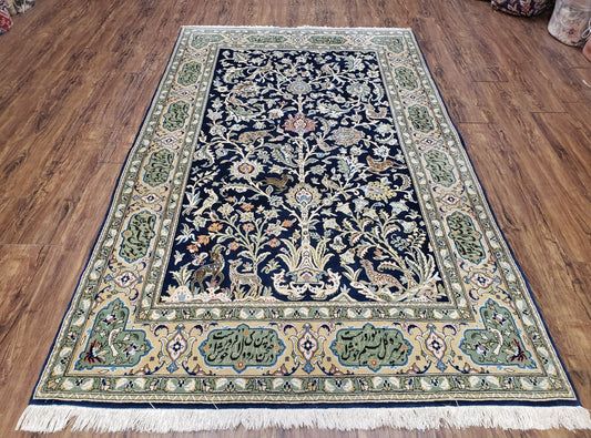 Semi Antique Persian Qum Tree of Life Rug, Hand-Knotted, Wool, Midnight Blue and Tan, Animal Pictorials, Written Poem in Borders, 4' 8" x 7' 8"