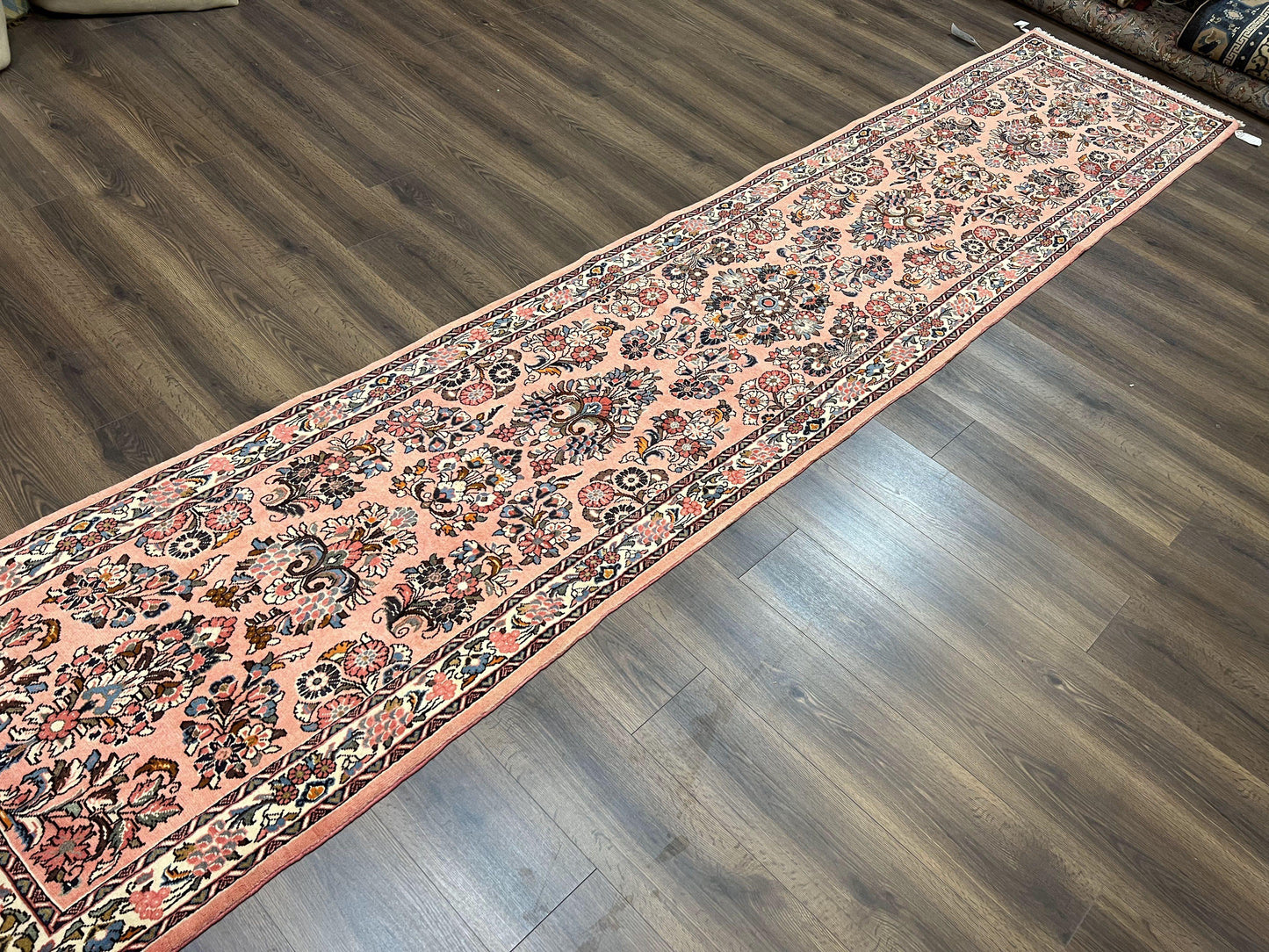 Persian Runner Rug 2.9 x 13.6, Semi Antique Vintage Persian Sarouk Hallway Rug, Wool Oriental Runner, Salmon and Cream, Floral Allover Hand Knotted