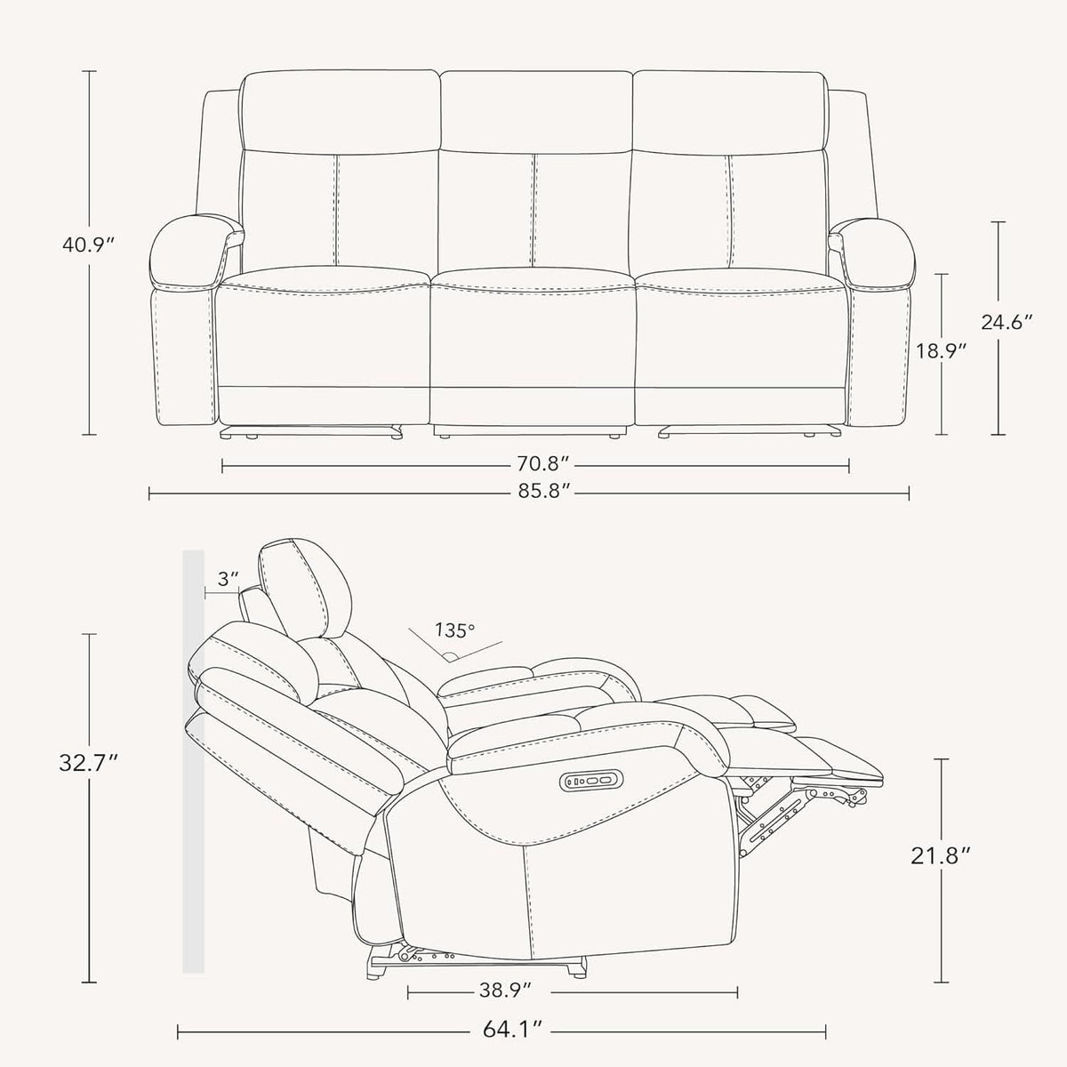 Genuine Leather Power Recliner Sofa 3 Seater USB Ports