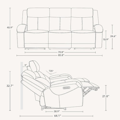 Genuine Leather Power Recliner Sofa 3 Seater USB Ports