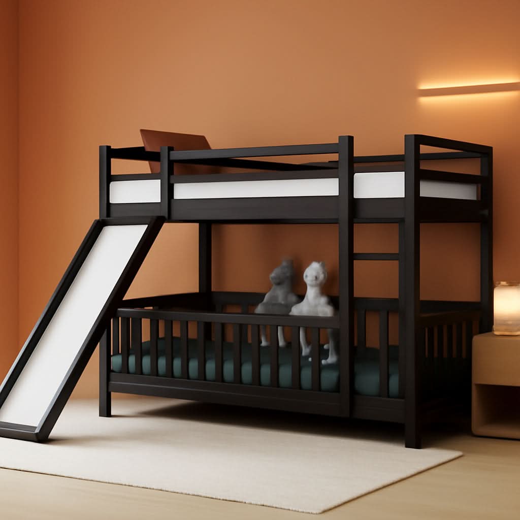 Twin Over Twin Floor Bunk Bed With Slide And Ladder