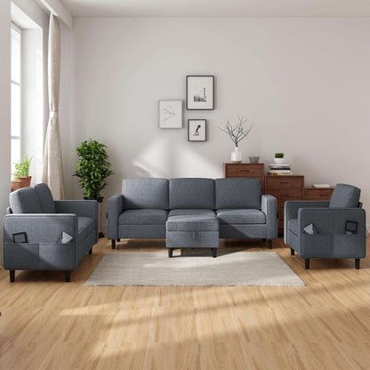 6 Seater Sectional Sofa In Dark Grey Linen With Ottoman