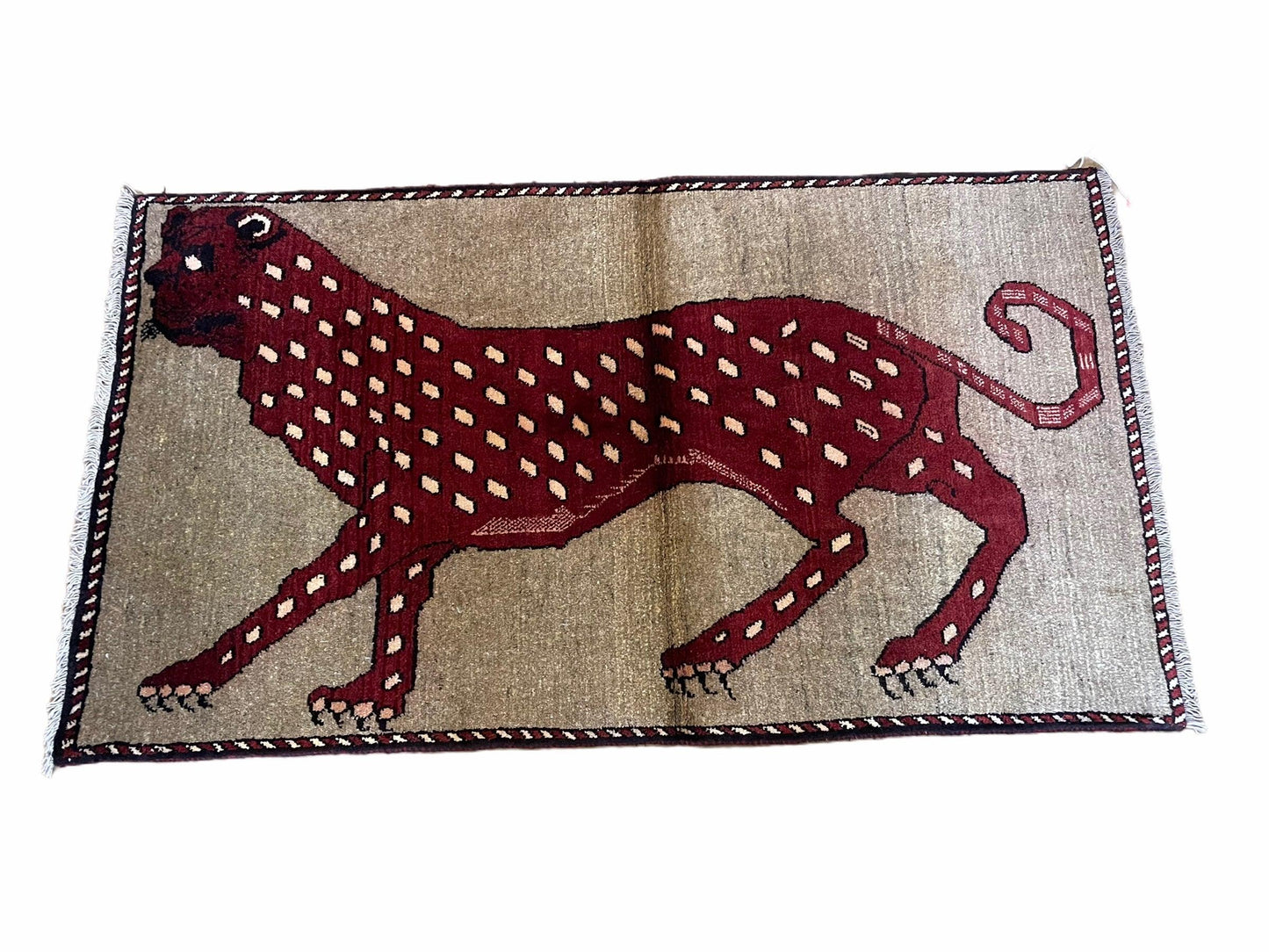 3 X 5 Handmade Hand-Knotteed New Vintage Rug Quality Wool Leopard Burgundy Beige