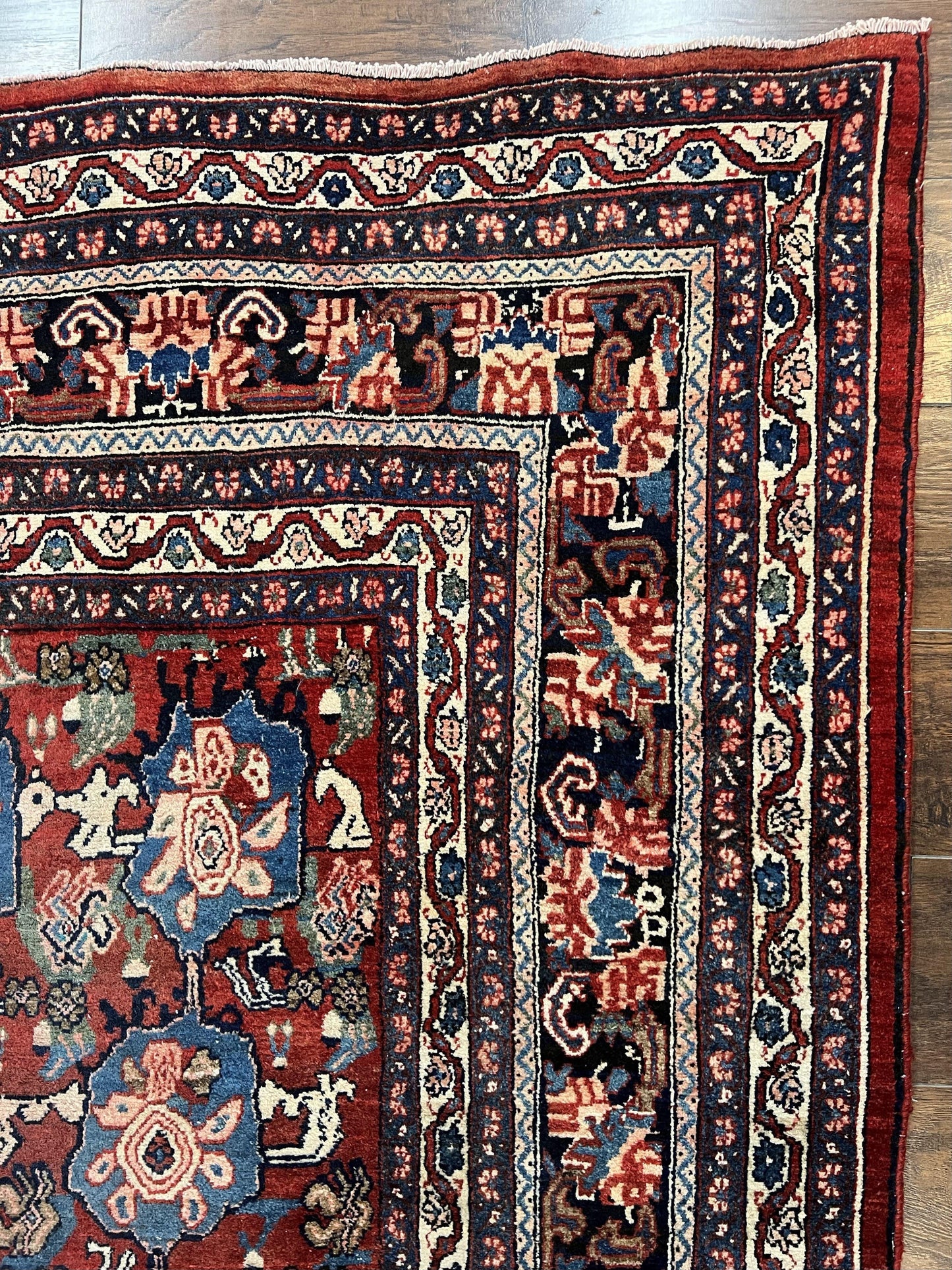 Antique Persian Bijar Rug 9x12 - Allover Motif, Red & Blue