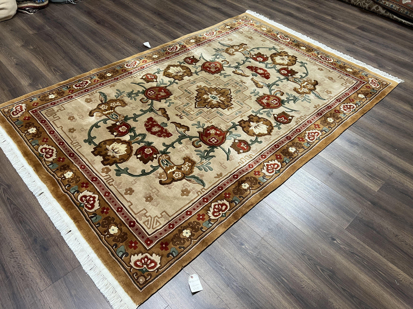 Chinese Wool Rug 5.9 x 9, Tan and Brown Asian Art Deco Carpet, Vintage 1960s Oriental Rug, Hand-Knotted Rug, Soft Wool, Medallion, Pair B