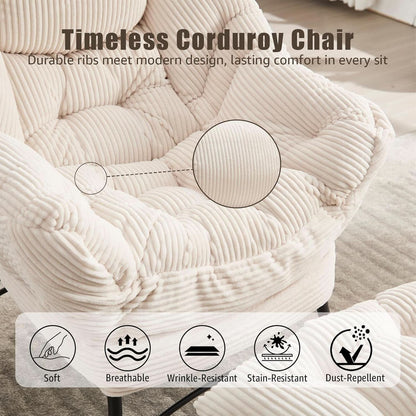 Oversized White Corduroy Reading Chair With Ottoman