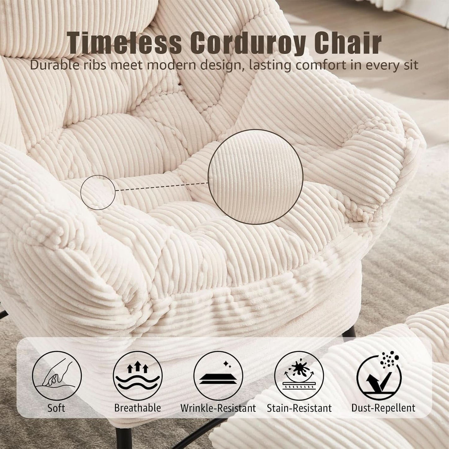 Large Corduroy White Armchair With Ottoman Footrest
