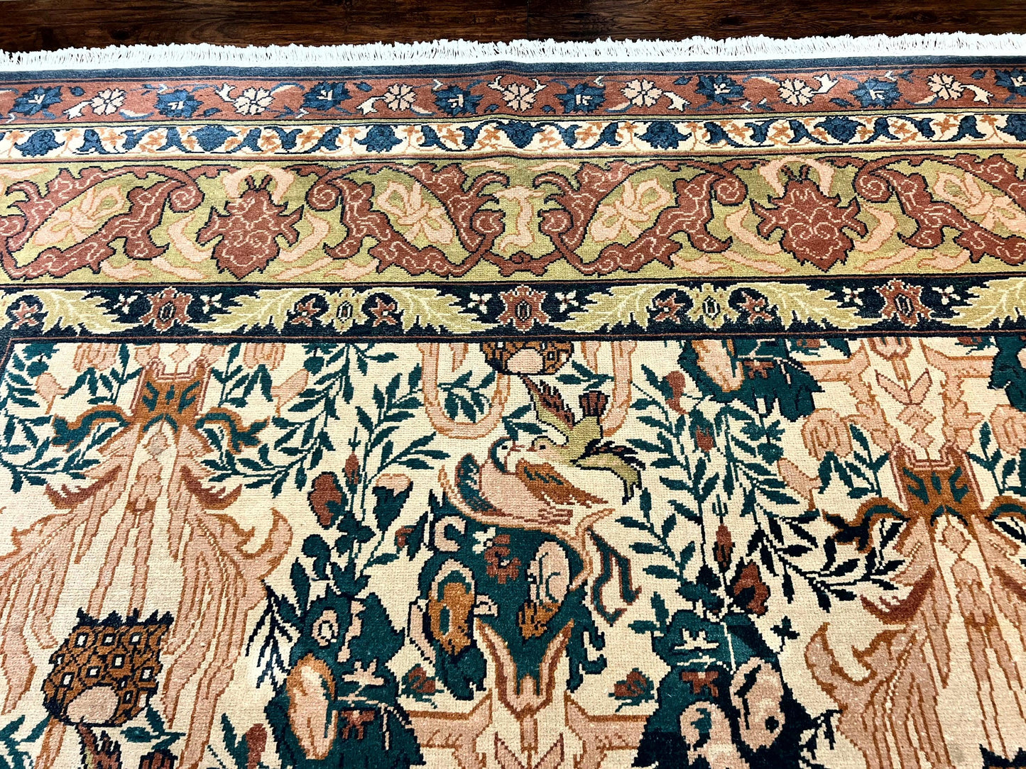 10x13 Wool Rug, Floral Pattern, Birds, Handmade Vintage Carpet, Couristan Rug, Beige