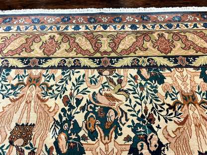 10x13 Wool Rug, Floral Pattern, Birds, Handmade Vintage Carpet, Couristan Rug, Beige