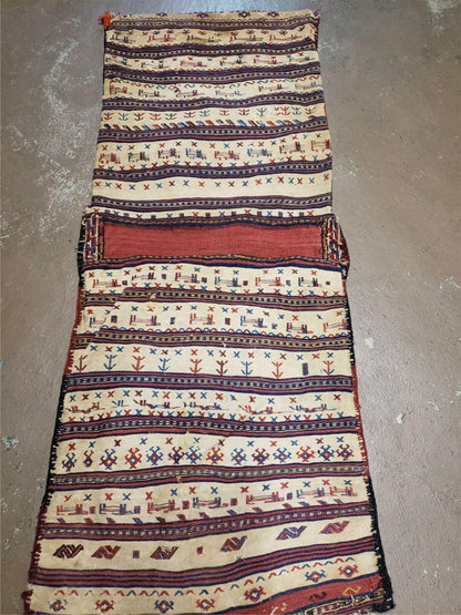 26" X 56" Antique Handmade Authentic Tribal Wool Rug Double Bag Tobreh